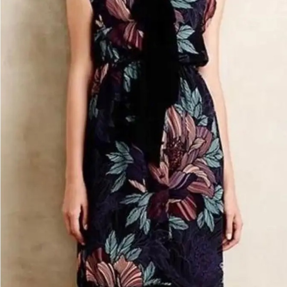 Anthropologie Maeve Brelin Floral Sheer Mix Print Button Down Lined Dress